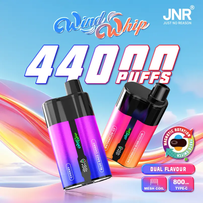 JNR WindWhip 44000 Puffs Dual Flavor 2-in-1 bir martali ishlatiladigan vape